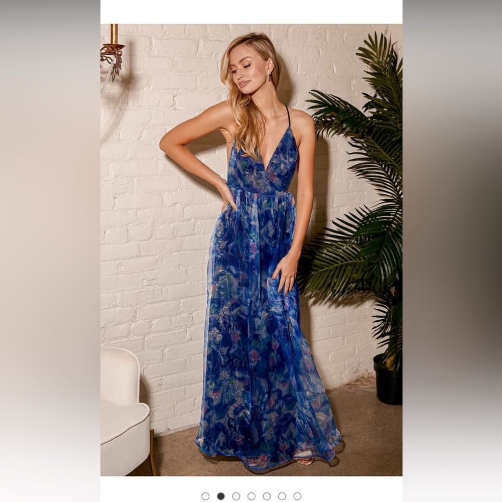 New Lulu’s Bloom Wildly Navy Blue Floral Organza Maxi Dress size XL